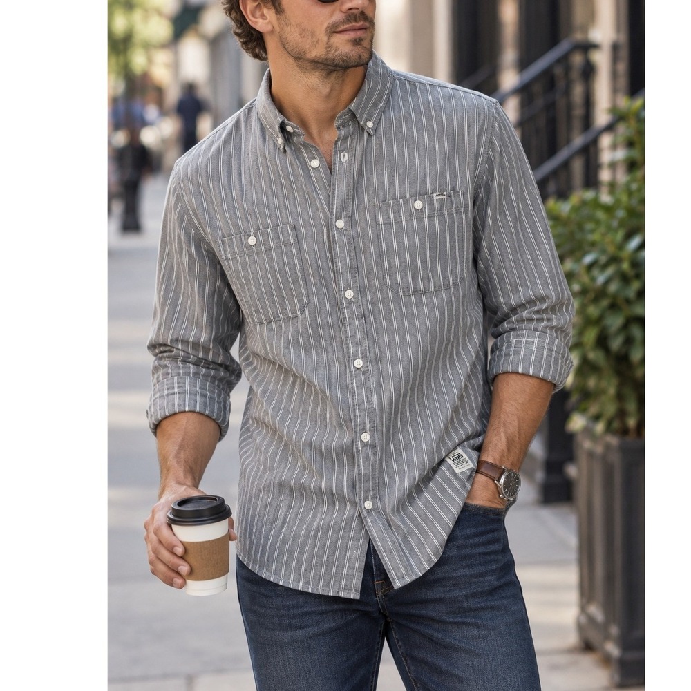 Vans Button Down Shirt Mens Medium Grey Striped Excellent Long Sleeve Pockets